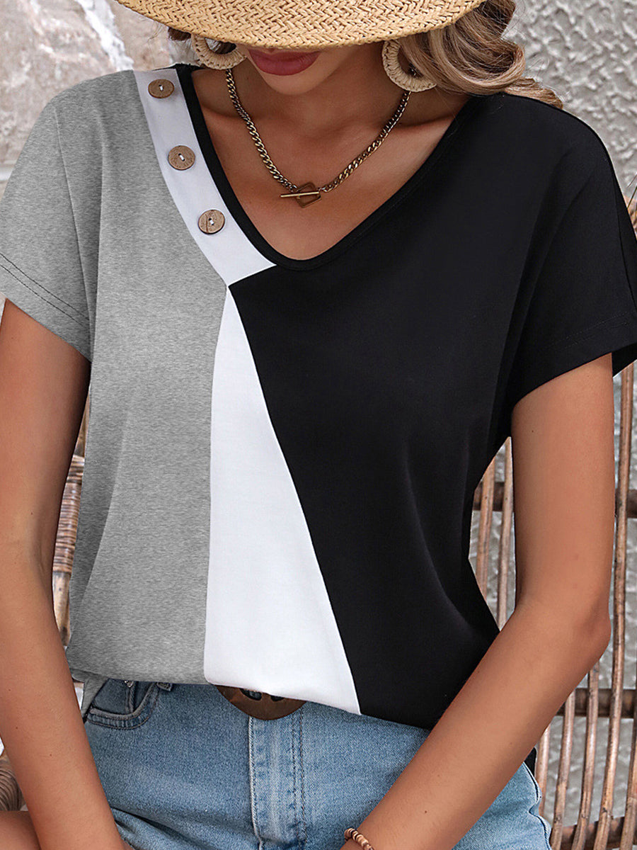 Color Block Decorative Button V-Neck T-Shirt