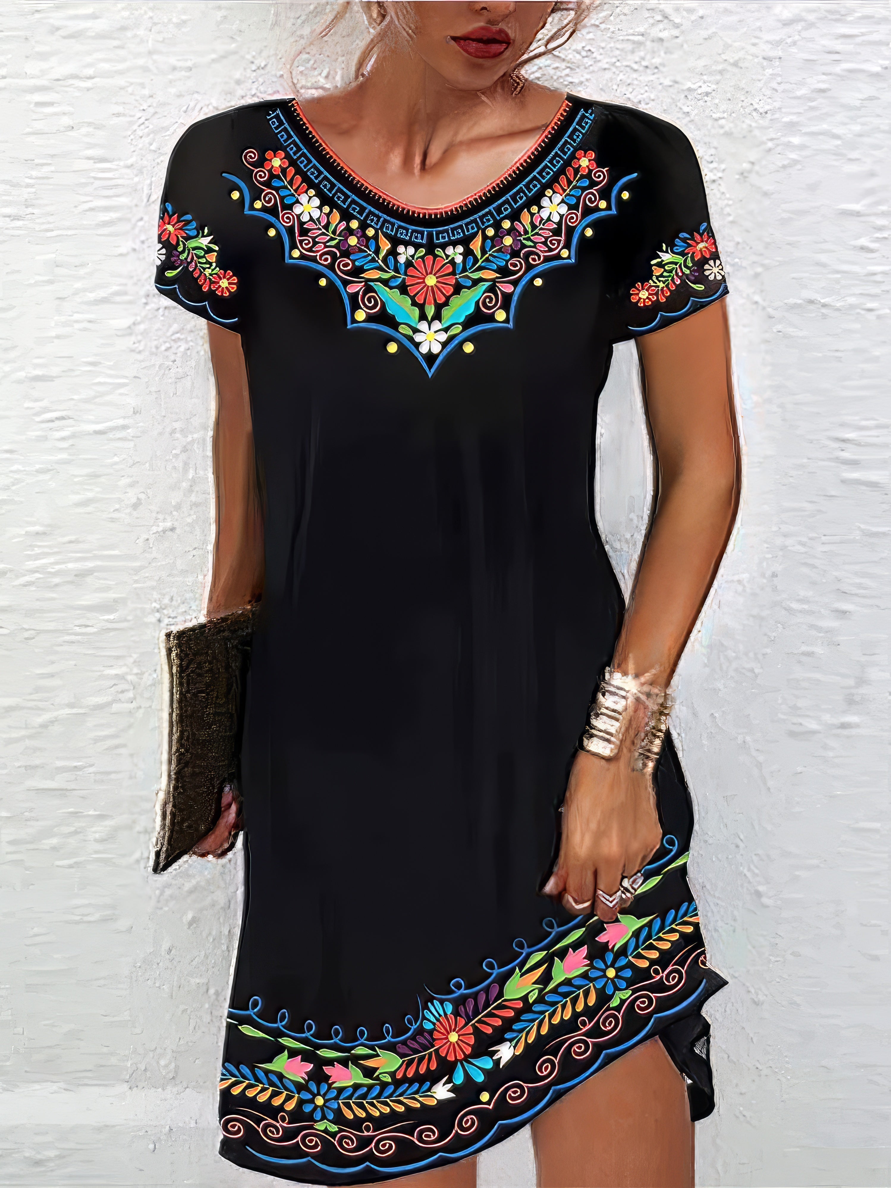 Casual Ethnic Shift Floral Print  Basic Daily Vacation Loose Fit Crew Neck Midi Dress