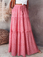 Leopard Drawstring Waist Frill Trim Tiered Maxi Dress