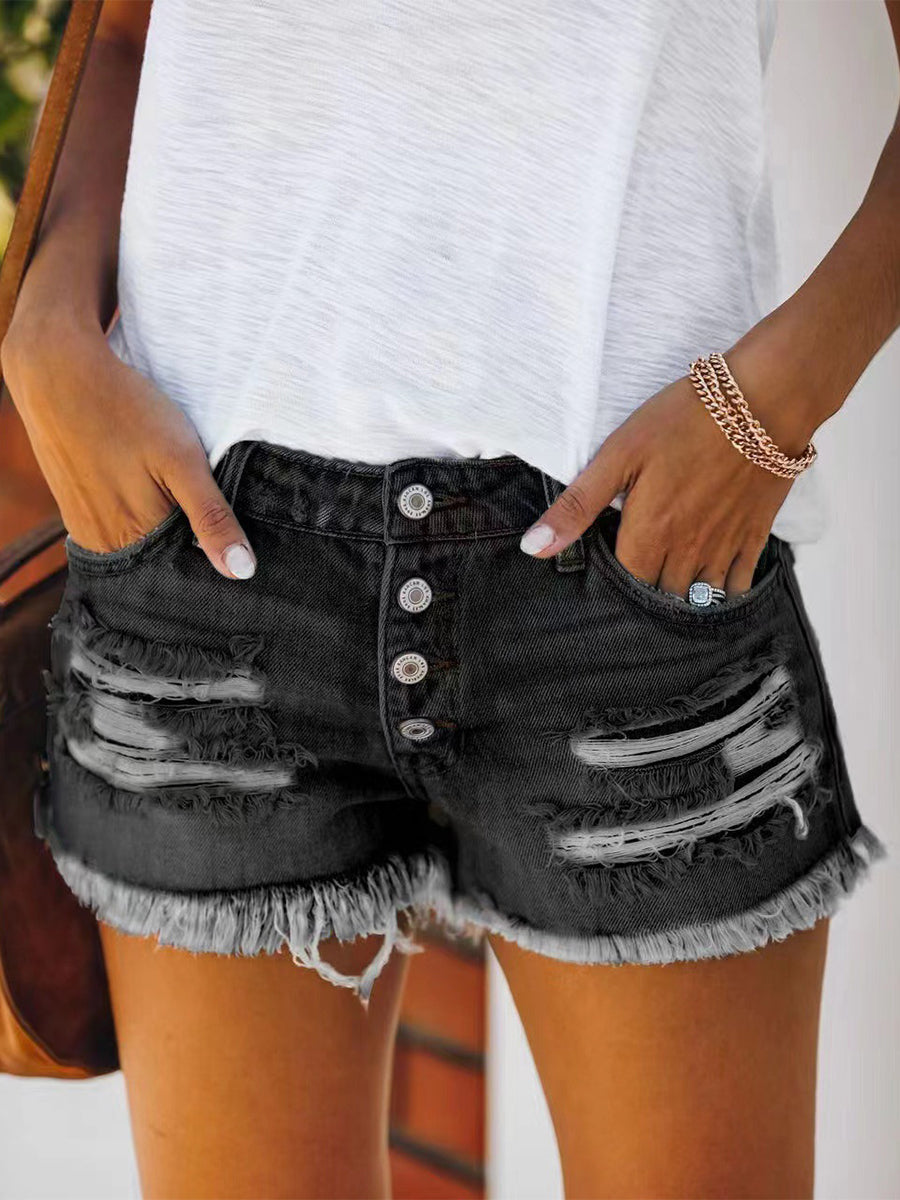 With Holes And Tassels Trendy Denim Straight Breasted Pants