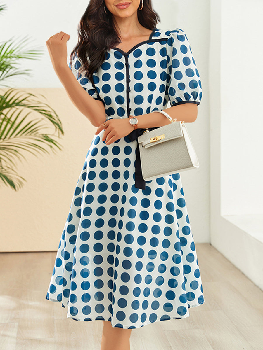 Stylish Printed High Waist Polka Dot Midi Dress