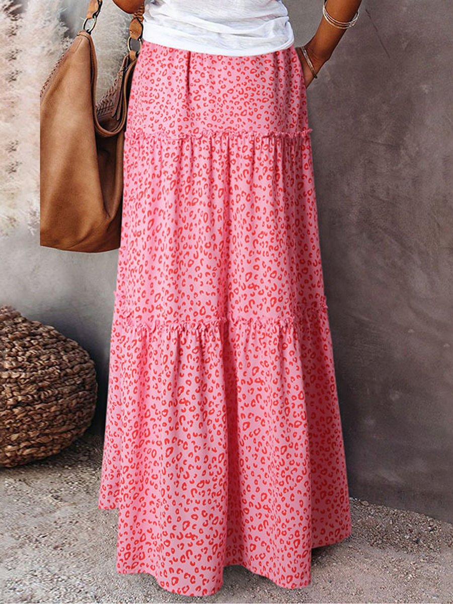 Leopard Drawstring Waist Frill Trim Tiered Maxi Dress