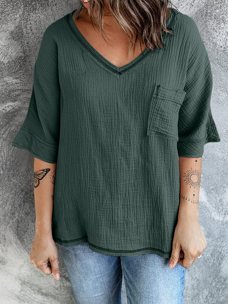 Fashion Solid Color V Neck Mid Sleeve T-Shirt