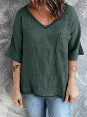 Fashion Solid Color V Neck Mid Sleeve T-Shirt