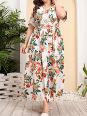 Plus Size Printed Surplice Short Sleeve Maxi Dress