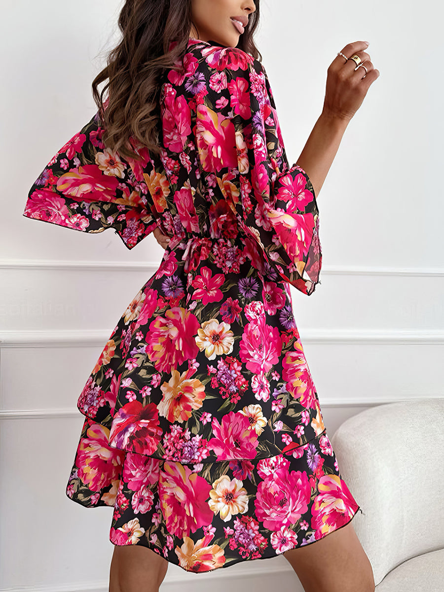 Casual Floral Deep V Waist Short Sleeve Mini Dress