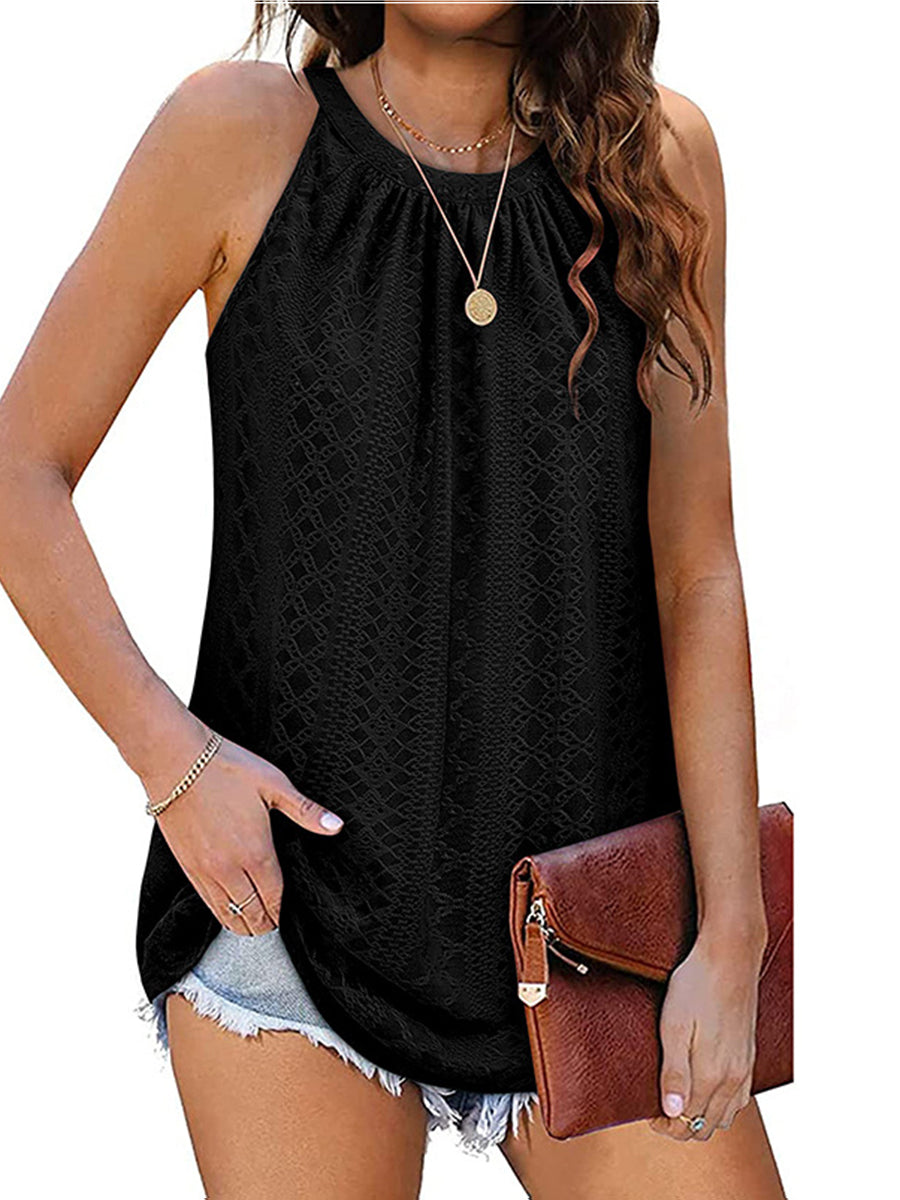 Tops Loose Round Neck Pleated Sleeveless Tank Top