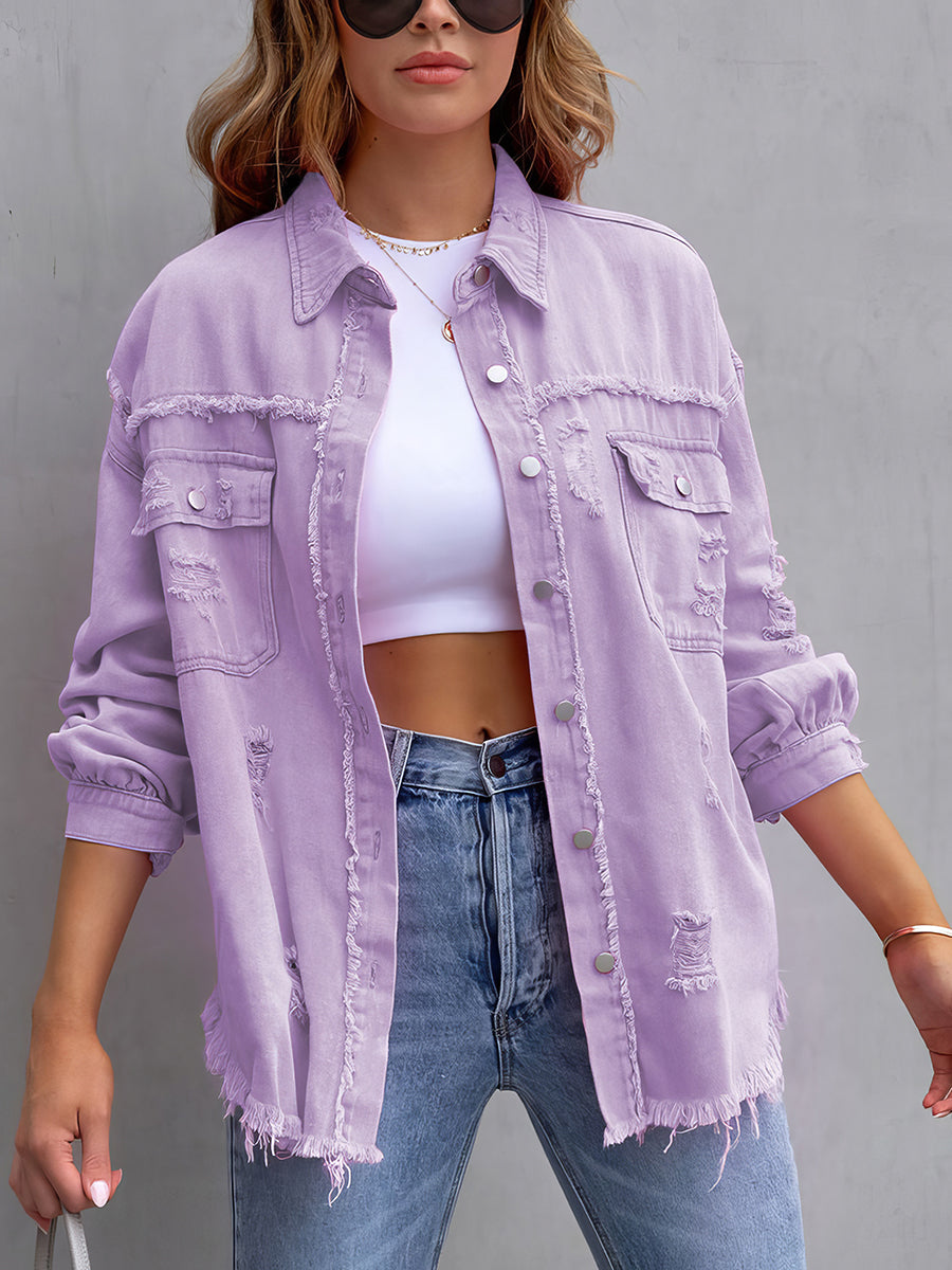 Ripped Denim Long Sleeve Casual Lapel Coat