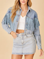 Stylish Lapel Fringed Cropped Denim Coat