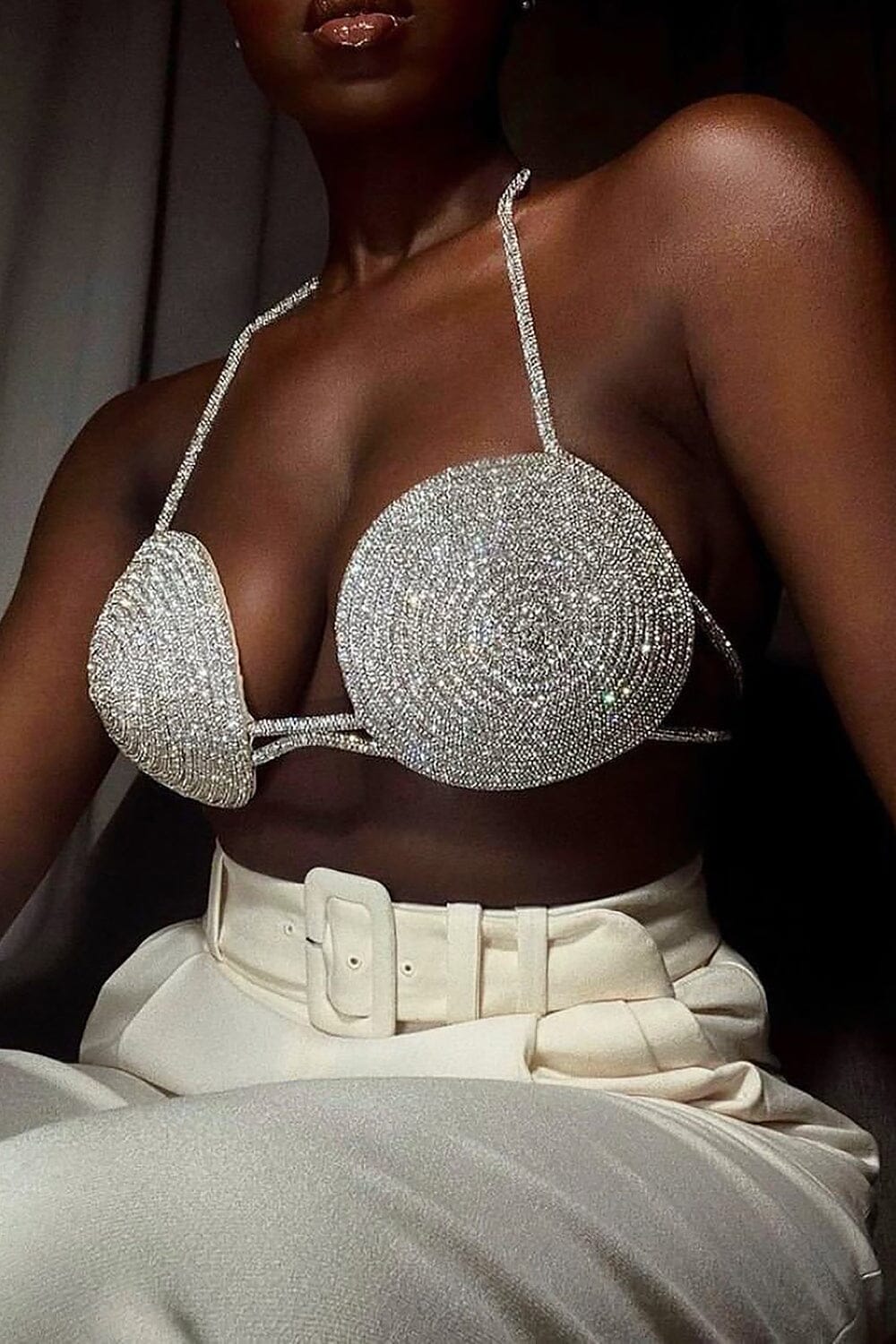 RHINESTONE EMBELLISHED SILK BRA TOP IN SILVER