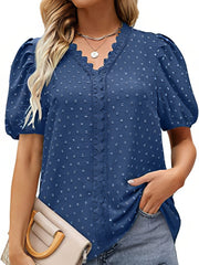 Lace Bubble Short Sleeve V Neck T-Shirt