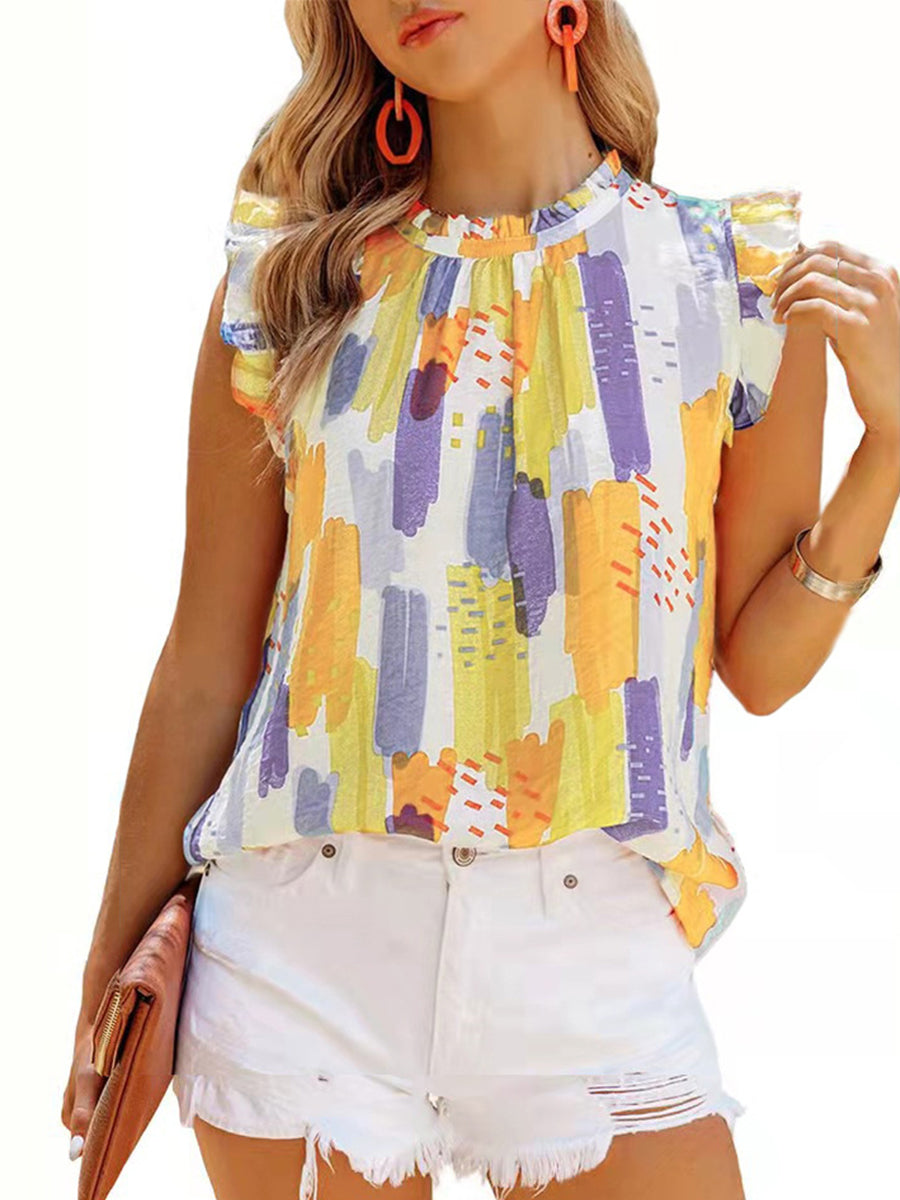 Loose Printed Chiffon Round Neck Sleeveless T-Shirt