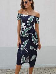 Printed Off-Shoulder Split Midi Dress