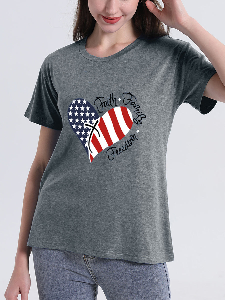 Heart Flag Print Letter Short Sleeve T-Shirt