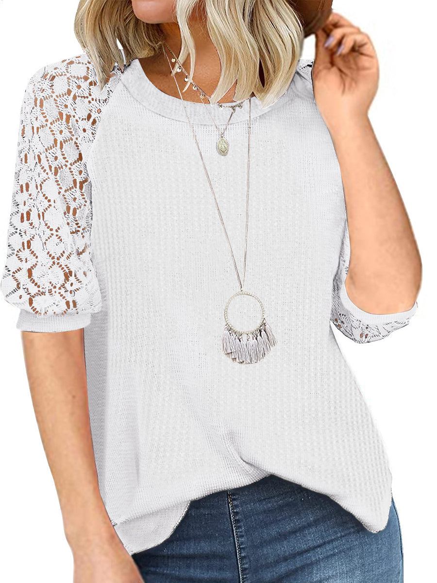 Lace Loose Casual Waffle Tee Short Sleeve V Neck T-Shirt