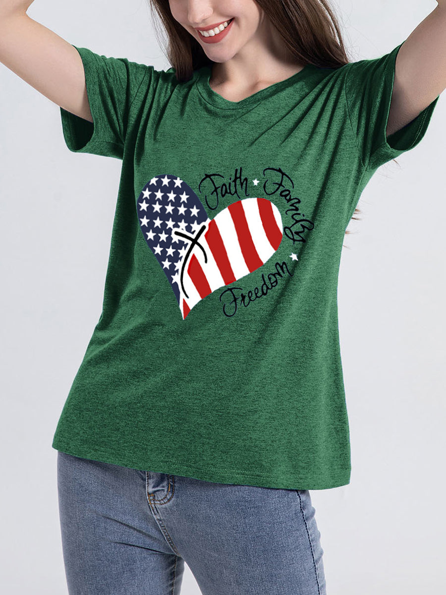 Heart Flag Print Letter Short Sleeve T-Shirt