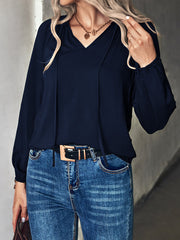 Wide Perfect For Commuting With Touch Of Temperament V Neck Long Sleeved Blouse - Closed - Bishop - Peasant - Jewel