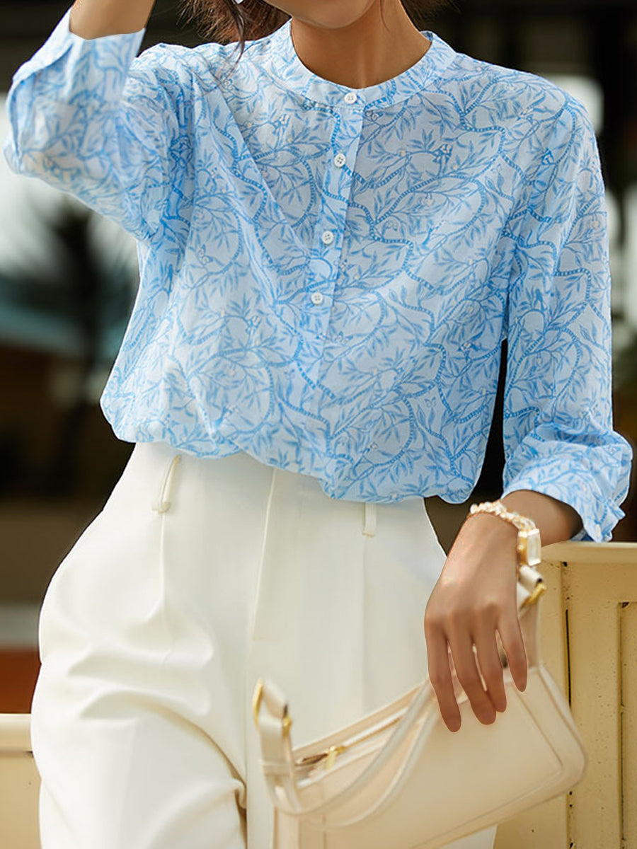 Long Sleeve Ruffle Neck Floral Blouse