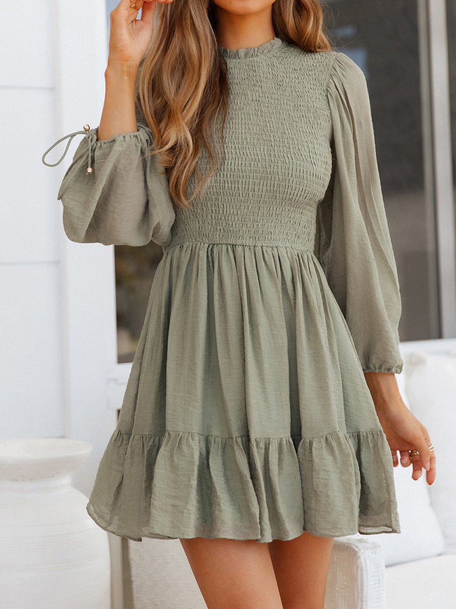 Smocked Tied Balloon Sleeve Mini Dress