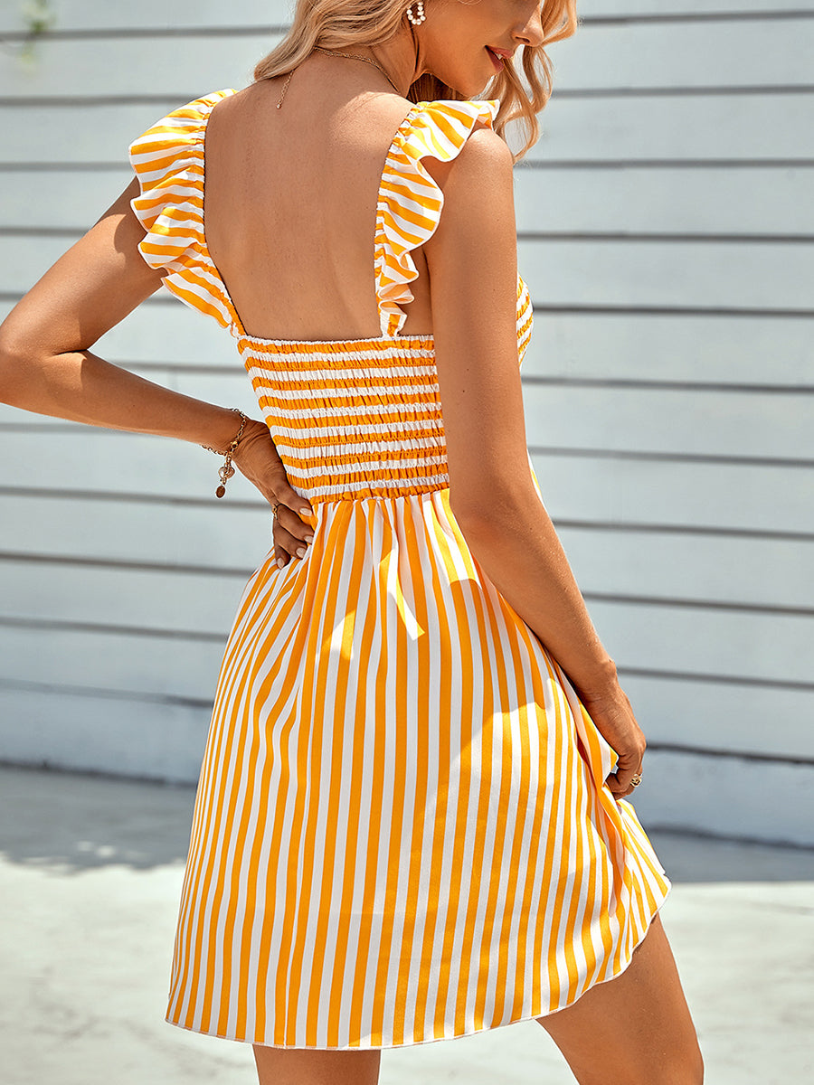 Casual Off Shoulder Ruffle Striped Mini Dress