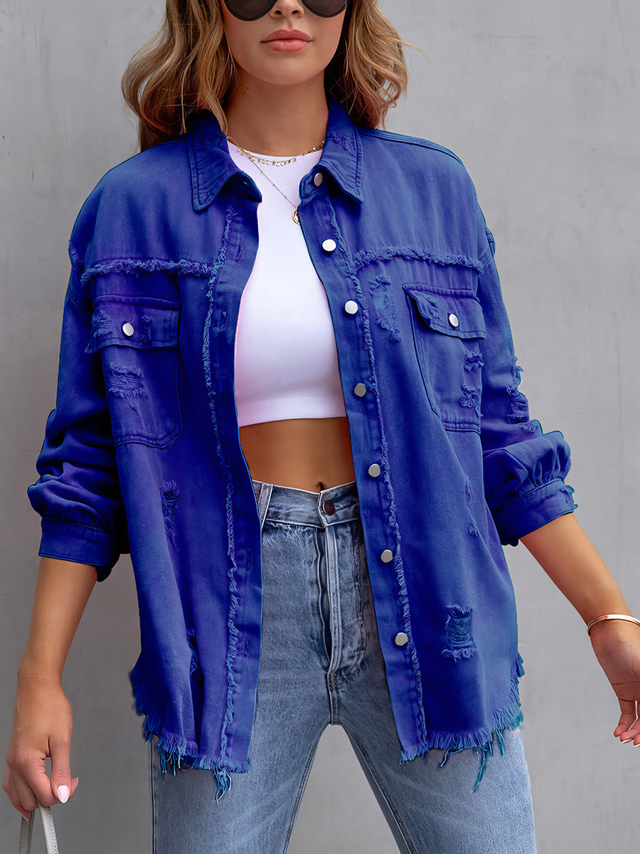 Ripped Denim Long Sleeve Casual Lapel Coat