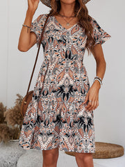 Printed V-Neck Tiered Mini Dress