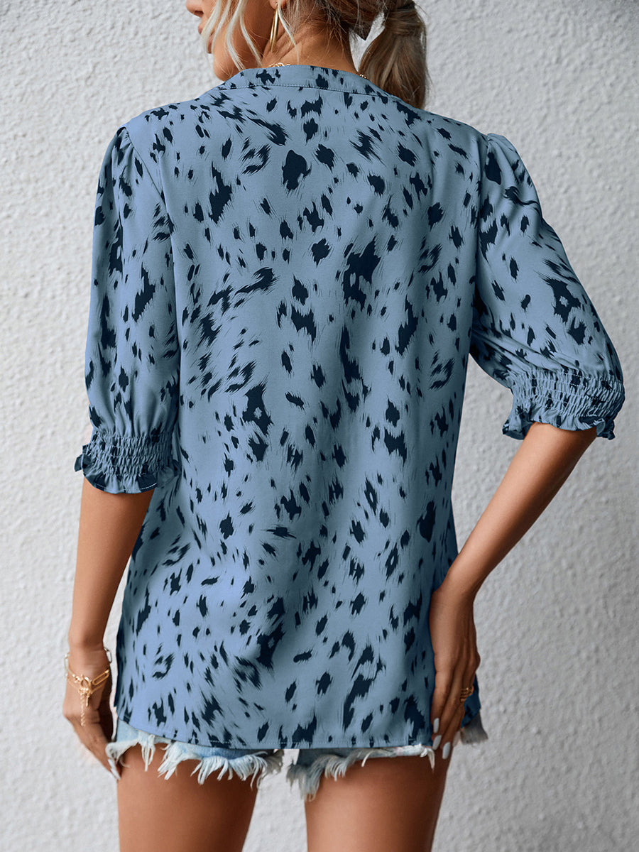 Print Loose Ruffle Sleeve Round Neck Blouse