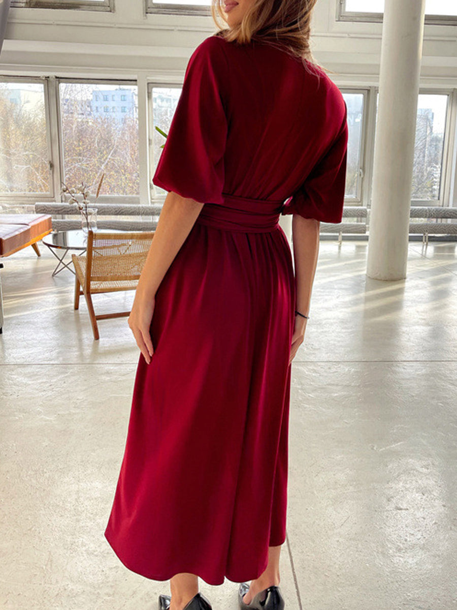 Solid Color V-Neck Lantern Midi Dress