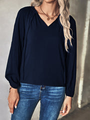 Wide Perfect For Commuting With Touch Of Temperament V Neck Long Sleeved Blouse - Closed - Bishop - Peasant - Jewel