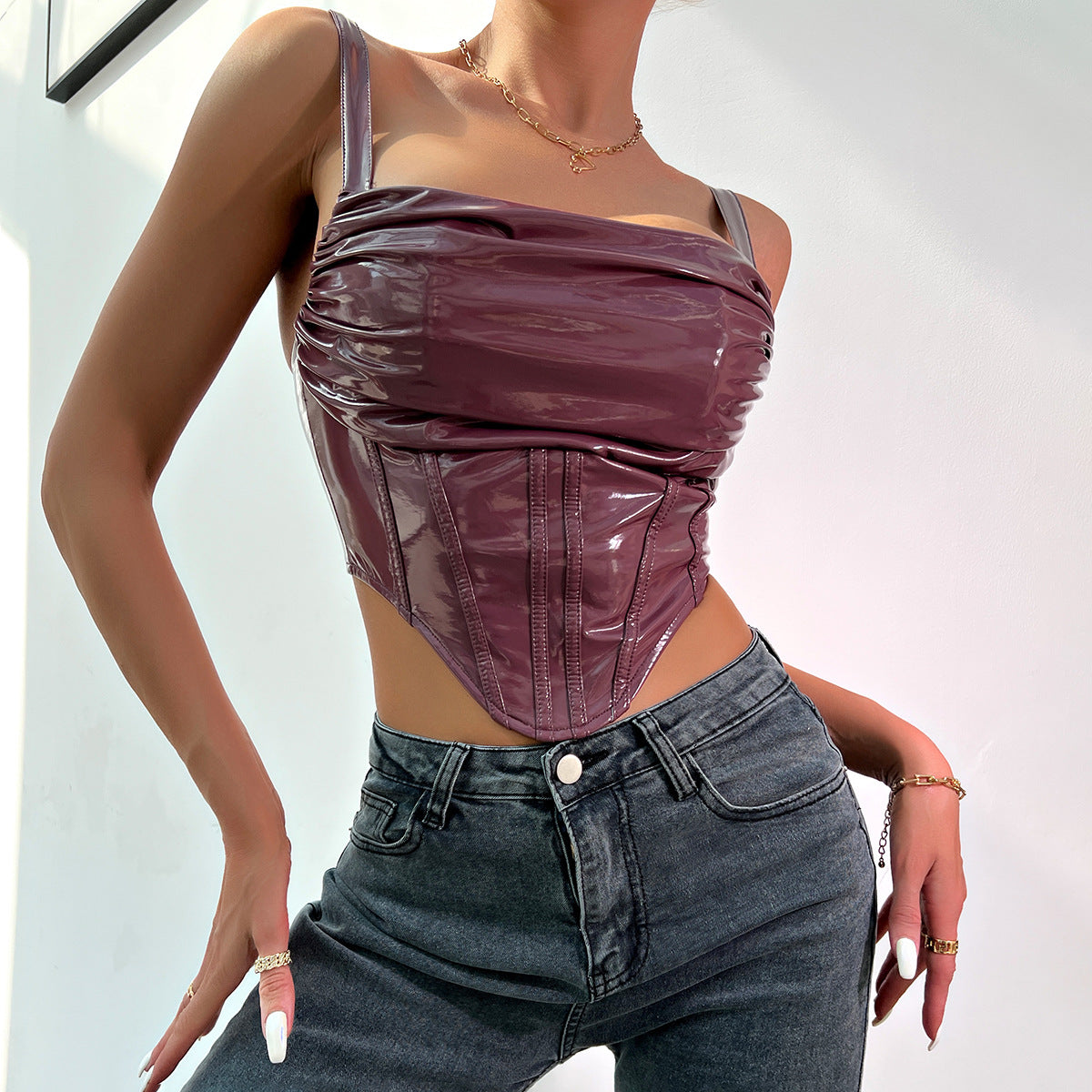 Personality Sexy Low Cut Square Collar Backless Zipper Faux Leather Small Tank Top