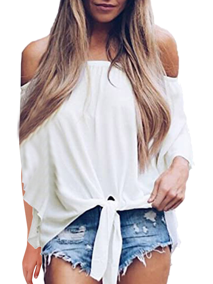 Off-Shoulder Tie Hem Blouse