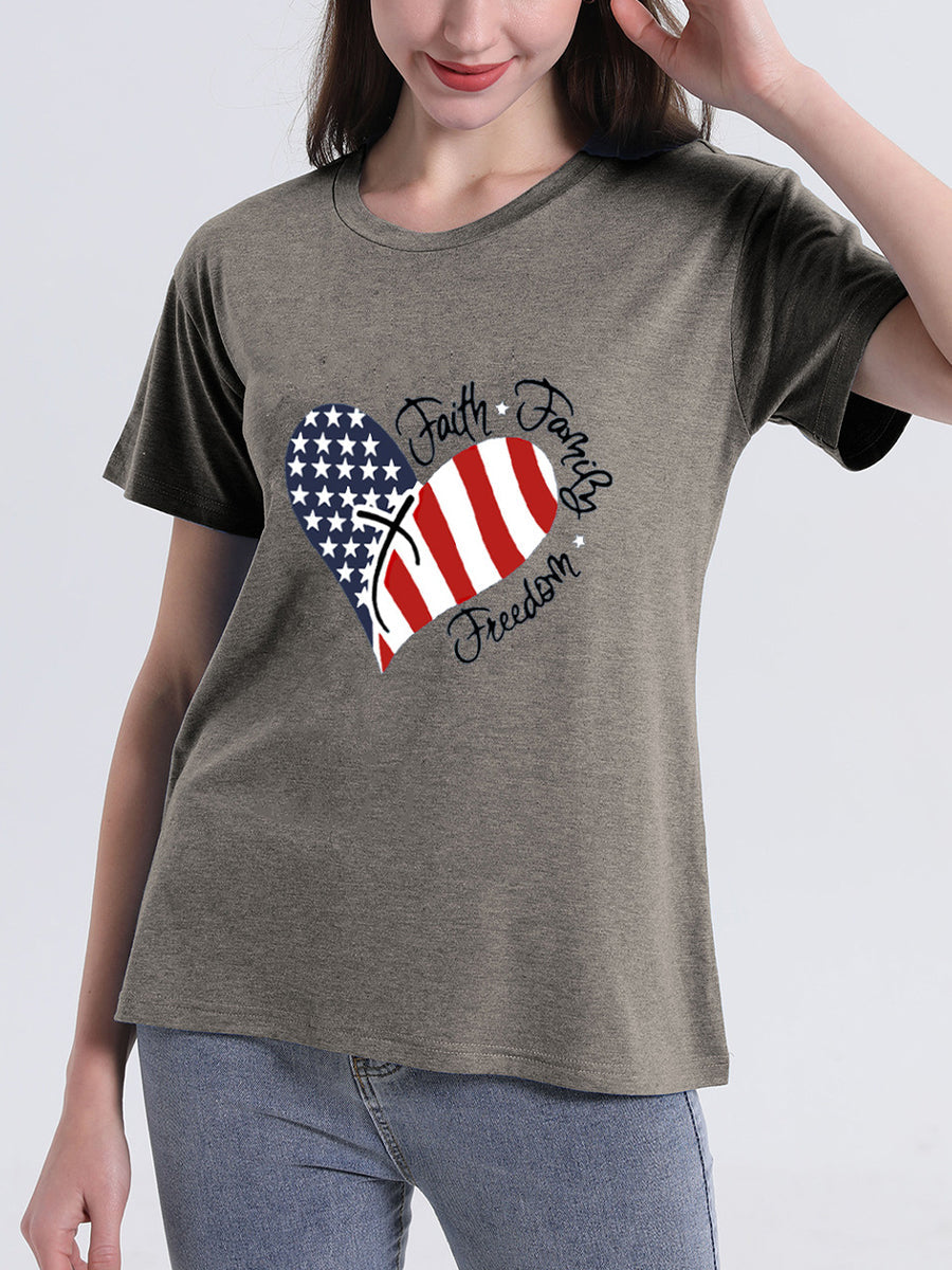 Heart Flag Print Letter Short Sleeve T-Shirt