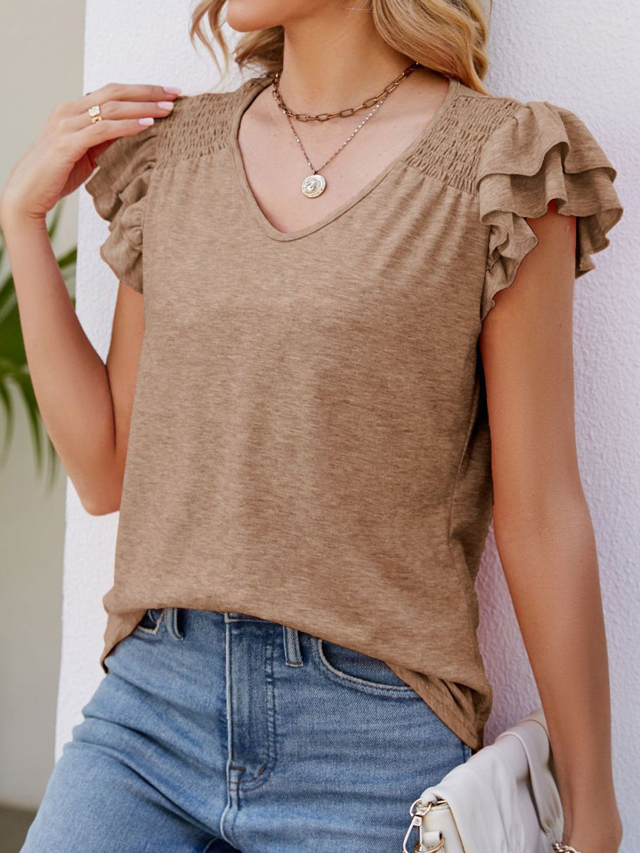 Smocked Flutter Sleeve V-Neck T-Shirt