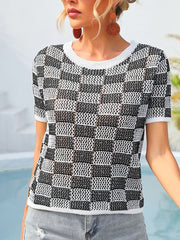 Plaid Casual Knit Round Neck Short Sleeve T-Shirt