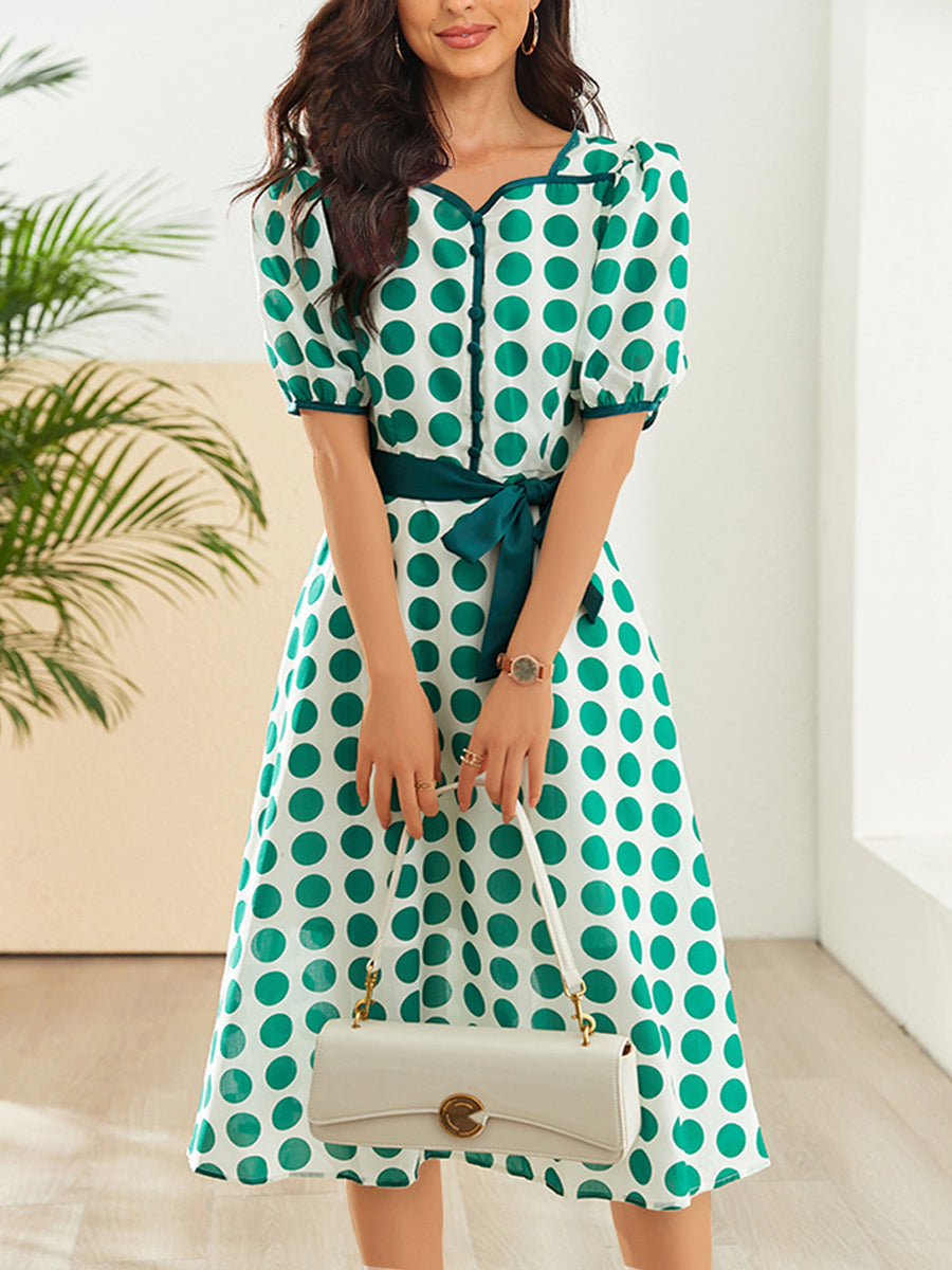 Stylish Printed High Waist Polka Dot Midi Dress