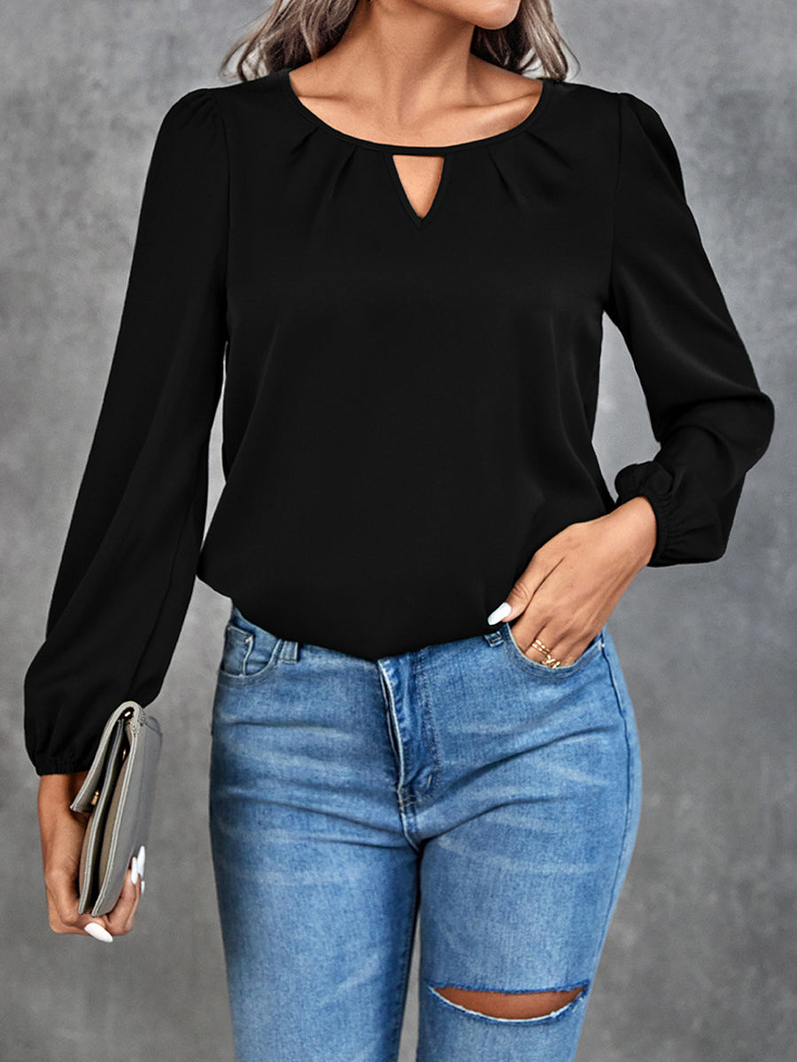 Cozy Casual Panel Solid Color Classic Blouse - Bishop Shirt Closed Scoop Queen Anne Blouse