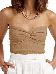 Strapless Crop Sexy Neck Ribbed Knit Twisted Knot Front Sleeveless Tank Top