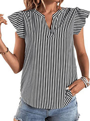 Striped Notched Ruffle Cap Sleeve V Neck Blouse