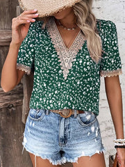 Fashion Floral Print Lace Collar Short Sleeve T-Shirt