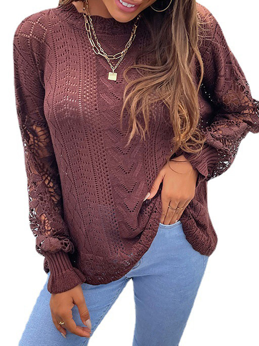 Stylish Lace Trim Panel Knit Cutout Sweater