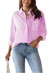 Striped Button Down Roll-up Long Sleeves Point Collar Blouse