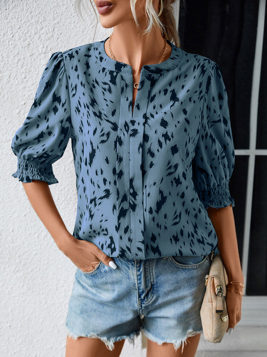 Print Loose Ruffle Sleeve Round Neck Blouse