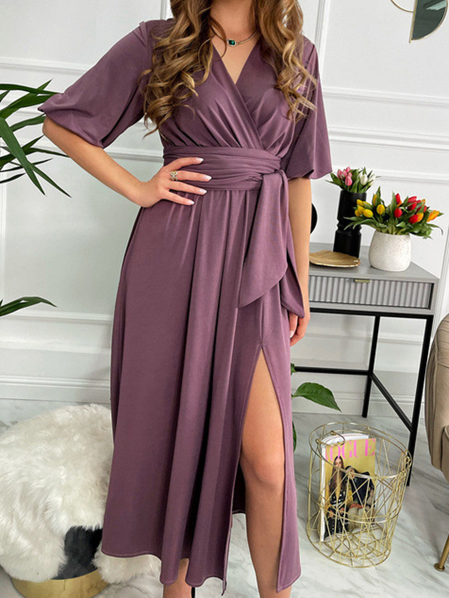 Solid Color V-Neck Lantern Midi Dress