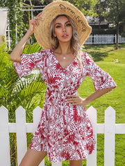 Vintage Print Bell Sleeve V Neck Mini Dress