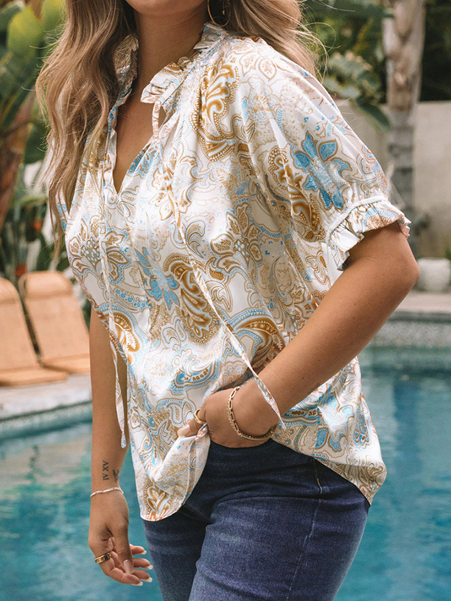 Printed Tie Neck Flounce Sleeve Blouse