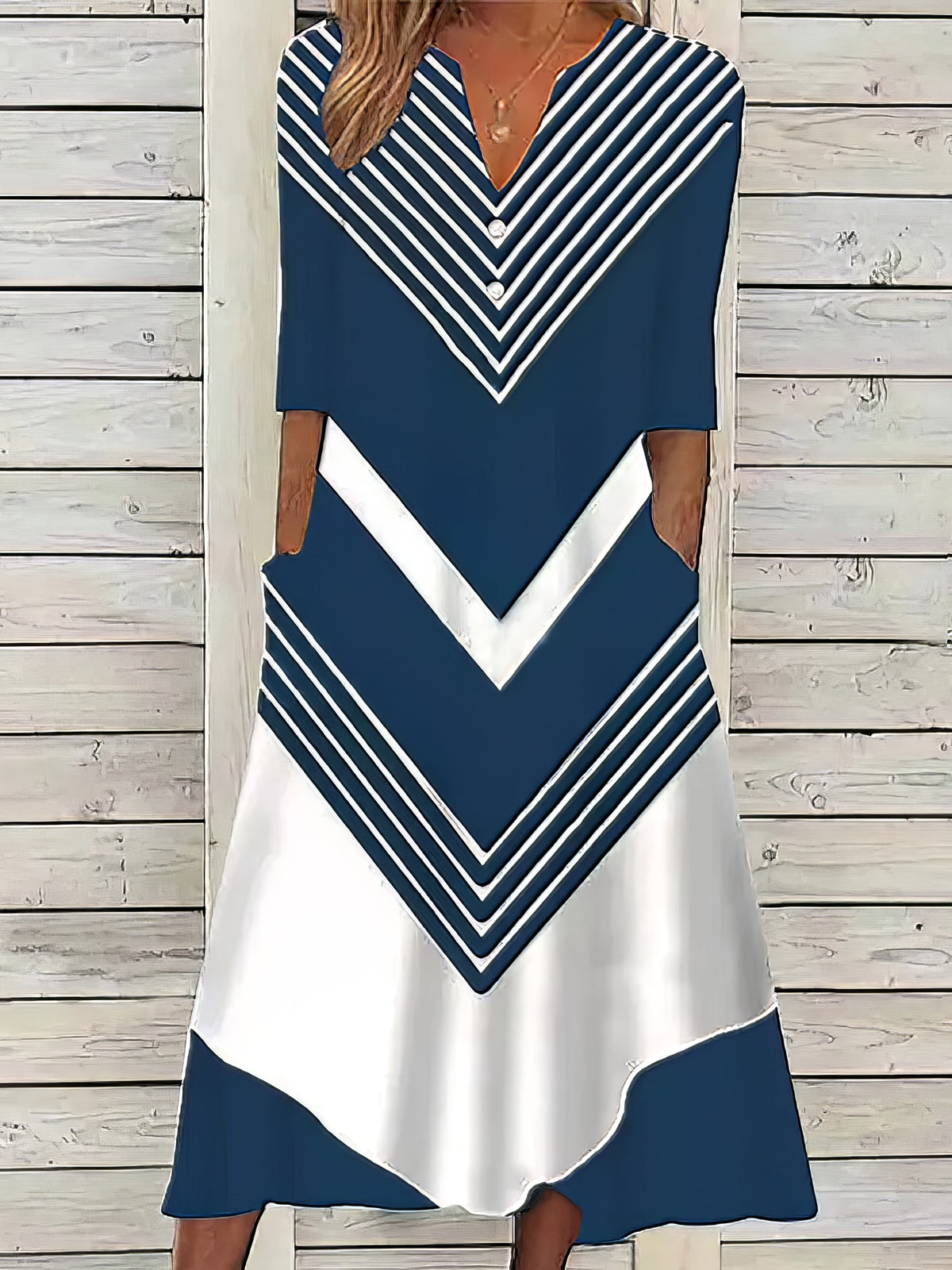 Casual Shift Stripes Half Sleeve Color Block Button V Neck Basic Midi Dress