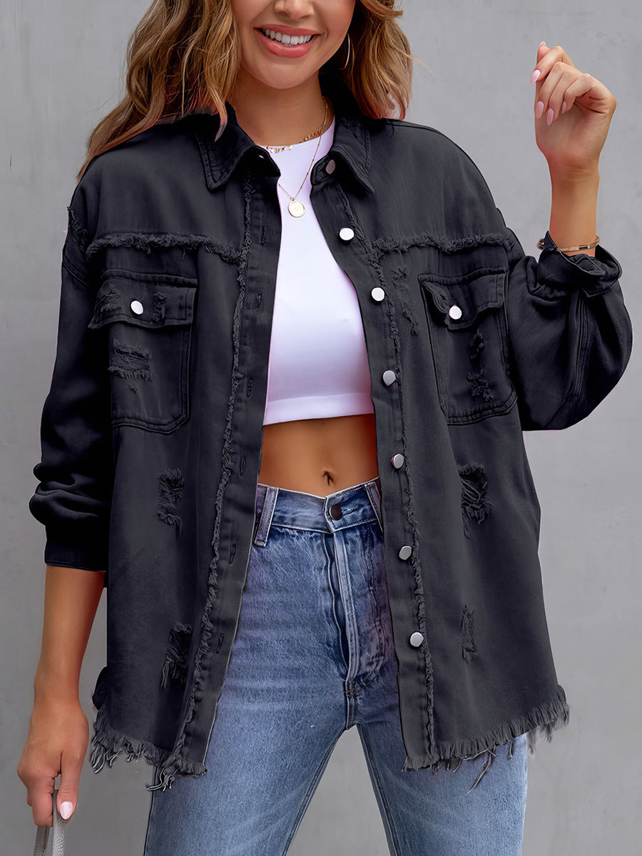 Ripped Denim Long Sleeve Casual Lapel Coat