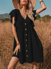 V Neck Button Up All Match Fashion Mini Dress