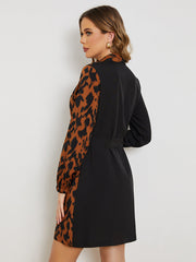 Leopard Print Long Sleeve Waist Stitching Elegant Mini Dress