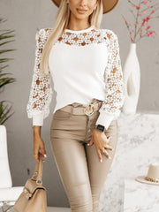 Sexy Cut-Out Lace Panel Round Neck Long-Sleeved Blouse